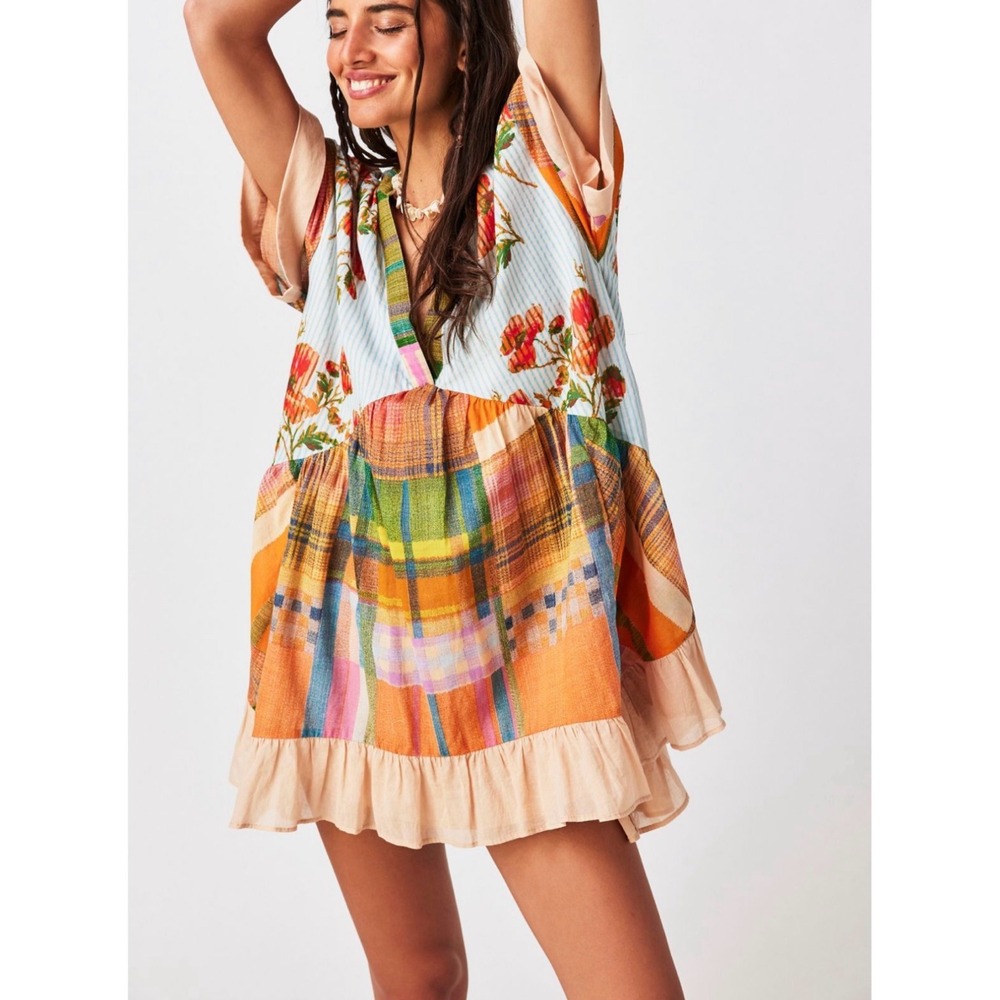 FREE PEOPLE Sz XS Printed Agnes Ruffles Flowy Oversized Relaxed Mini Dress Boho